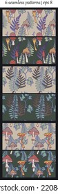 Botanical background, set of 6 seamless patterns for textile, wallpapers, bedding, clothes, wrapping. Hand drawn mushrooms, leaves and ferns on beige and dark green background, coloured lineart