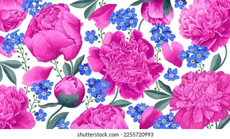 Botanical background, spring bright flowers. Peonies and forget-me-nots in realistic style, vector blue and pink plants. Wallpaper, template for posts on social networks, advertising, banner, postcard