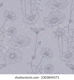 Botanical background with trendy wildflowers and minimalist flowers for wall decoration or wedding. Hand drawn line herb, elegant leaves for invitation save the date card. Botanical rustic