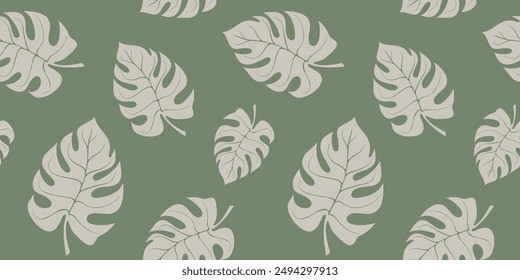 Botanical background with tropical palm leaves seamless pattern. Monochrome boho aesthetic design with doodle monstera leaf shapes for textile, fabric, wrapping paper, packaging.