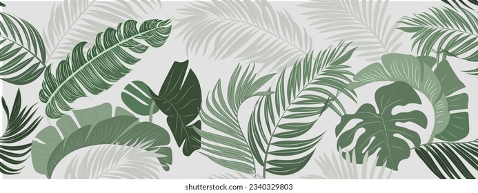 Fondo botánico. Papel tapiz de planta tropical con follaje, palma, hojas, monstera en patrón dibujado a mano. Diseño verde para la cubierta, las impresiones, el arte de la pared, la decoración.