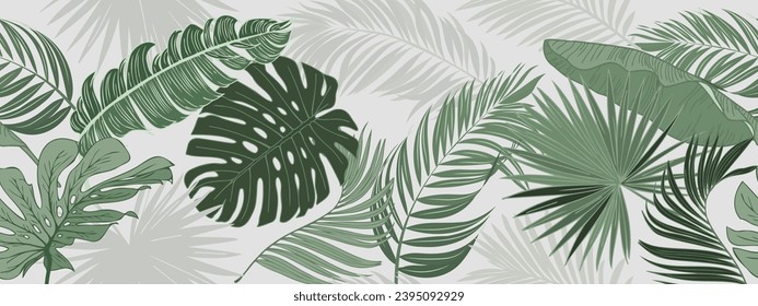 Botanical background. Tropical plant wallpaper with foliage, palm, leaves, monstera in hand drawn pattern. Green design for cover, prints, wall art, decorative.