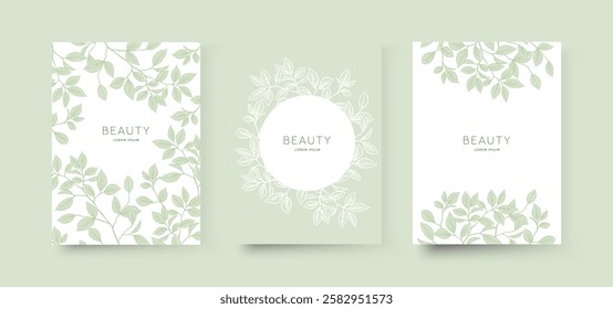 Botanical backgrounds with green floral elements, delicate branches and leaves. Floral frame. Vector illustration for postcard, banner, cover, wedding invitation, social media, packaging