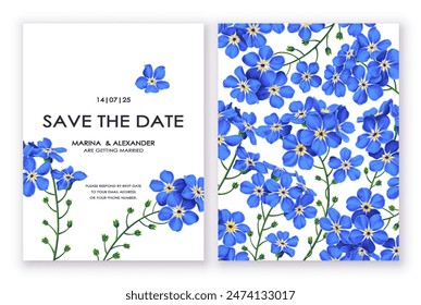 Botanical backgrounds with space for text. Realistic forget-me-not flowers in templates for postcards, flyers, banners, advertising in social networks, wedding invitations. Hand drawn detailed blue fl