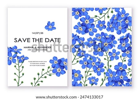 Botanical backgrounds with space for text. Realistic forget-me-not flowers in templates for postcards, flyers, banners, advertising in social networks, wedding invitations. Hand drawn detailed blue fl