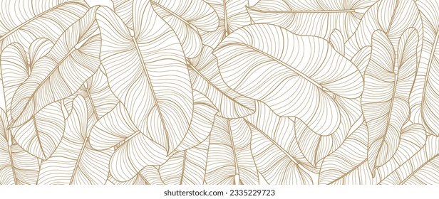 Botanical banana leaf line art wallpaper background vector. Luxury natural hand drawn foliage pattern design in minimalist linear contour simple style. Design for fabric, cover, banner, invitation.