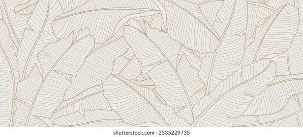 Botanical banana leaf line art wallpaper background vector. Luxury natural hand drawn foliage pattern design in minimalist linear contour simple style. Design for fabric, cover, banner, invitation.