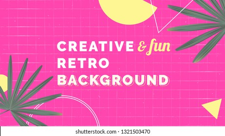 Botanical banner background template design, Rhapis excelsa decorated with geometric shapes in pink and yellow tones, retro style