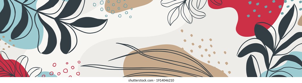 Botanical banner with organic shapes, leaves, branch and plants. Abstract natural elements in trendy doodle style for holiday, business. Simple, minimal design. Modern vector background, template.