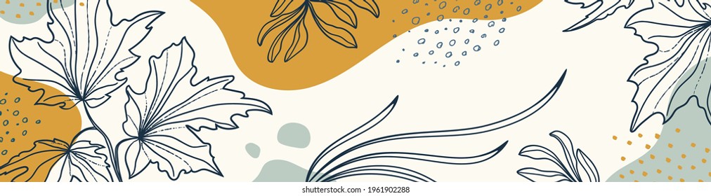 Botanical banner with organic shapes, leaves, branch and plants. Abstract natural elements in trendy doodle style for holiday, business. Simple, minimal design. Modern trendy vector background