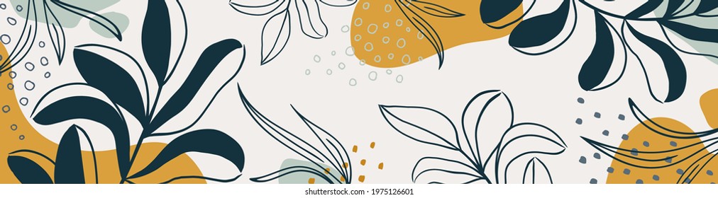 Botanical banner with organic shapes, leaves, branch and plants. Abstract natural elements in trendy doodle style for holiday, business. Simple, minimal design. Modern trendy vector background