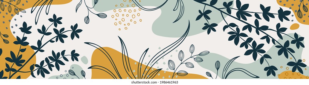 Banner botánico con formas orgánicas, hojas, ramas y plantas. Resumen de elementos naturales en estilo doodle moderno para vacaciones, negocios. Diseño sencillo y mínimo. Fondo vectorial moderno