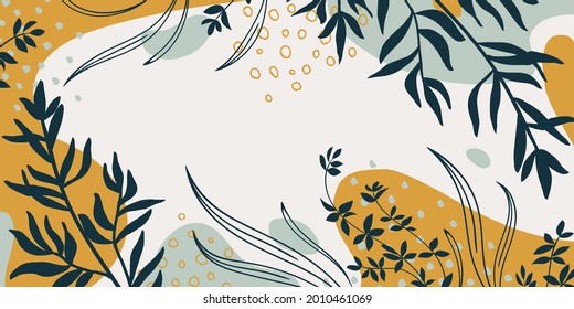Botanical banner with organic shapes, leaves, plants. Abstract natural elements in trendy doodle style for holiday, business. Modern vector background, greeting card, template, invitation. 