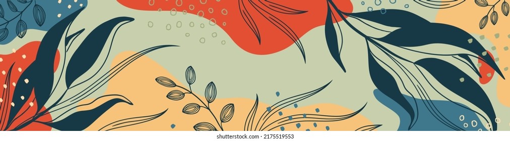 Botanical Banner With Organic Shapes, Leaves, Plants. Abstract Natural Elements In Trendy Doodle Style For Holiday, Business. Modern, Trendy Vector Background, Template, Greeting Card. Simple, Minimal