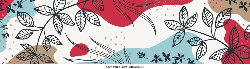 Botanical banner with organic shapes, leaves, plants. Abstract natural elements in trendy doodle style for holiday, business. Modern, trendy vector background, template. Simple, minimal design.