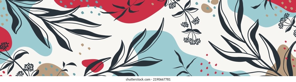 Botanical banner with organic shapes, leaves, plants. Abstract natural elements in trendy doodle style for holiday, business. Modern, trendy vector background, template. Simple, minimal design.