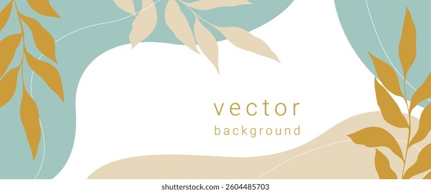 Botanical banner template in boho style. Horizontal background for inscription or insertion, simple flyer with harmonious shapes and branches with leaves.