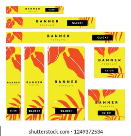 Botanical banner/background template design collection, orange tropical leaves on yellow
