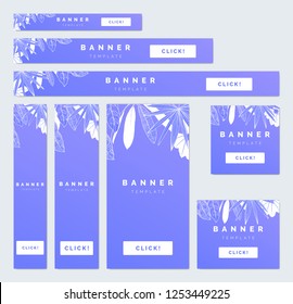 Botanical banner/background template design collection, tropical plants white line art ink drawing on purple