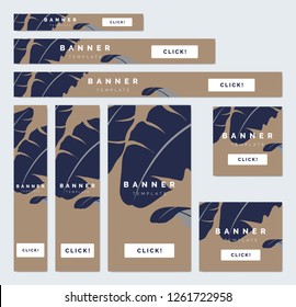 Botanical banner/background template design collection, blue banana leaves on brown