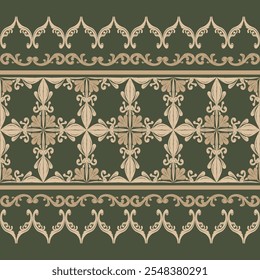 Botanical Baroque Blooming Shades of Gold on Olive Deep Green Background. Rich and Mystery Pattern for High Fashion Decorate. Exquisitely Scroll Ornament Opulence Vector of Nature. Lace, Gothic, lily