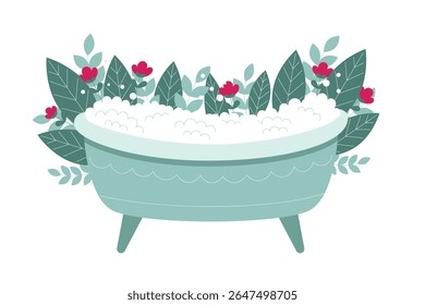 Botanical bath with white foam and fresh plants. Spa relaxation concept with natural flowers. Self-care, aromatherapy and wellness