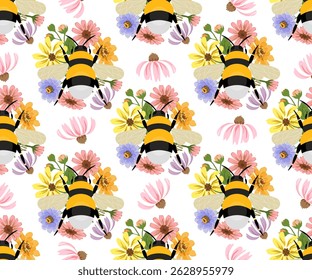 Botanical with bee sweet floral seamless pattern vector illustration design for print, wrap, fabric, textile, background.