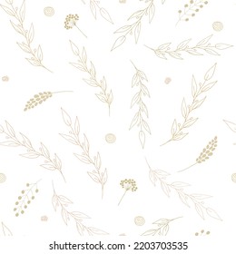 Botanical beige branches seamless pattern. Hand drawn vector minimalistic elegant pattern. Floral elements background. For cards, invitations, save the date cards