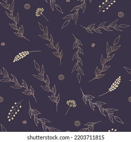 Botanical beige branches seamless pattern on dark background. Hand drawn vector minimalistic elegant pattern. Floral elements background. For cards, invitations, save the date cards