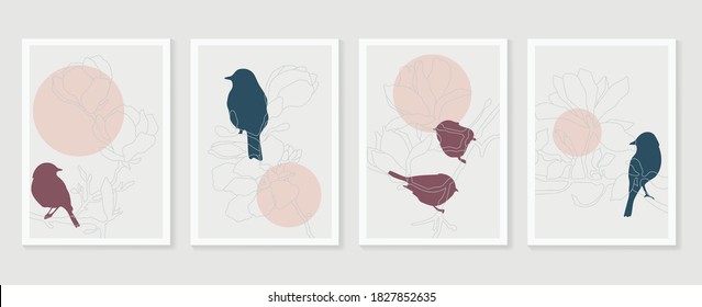 Botanical and birds wall art vector set. Earth tone boho foliage line art drawing with  abstract shape.  Abstract Plant Art design for print, cover, wallpaper, Minimal and  natural wall art.
