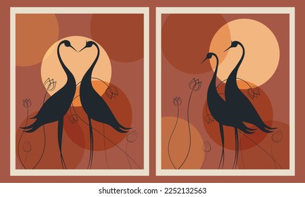 Conjunto de vectores de arte mural botánico y de aves. Dibujo de líneas de boho de tono de la Tierra con forma abstracta. Resumen Diseño de arte vegetal para impresión, cubierta, papel pintado, arte de pared mínimo y natural. cigüeña, grúa