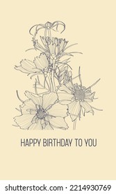 Botanical birthday invitation card template design, garden cosmos flowers line art ink drawing on mint background. Poster with flower.