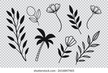 Botanical black floral silhouette elements with tropical and wildflower illustrations, ideal for elegant decoration, modern design projects, invitations, crafts, and eco-friendly themes.

