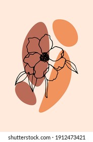 Botanical black line art illustration with colorful abstract spots on a beige background. Trendy print for any purposes. 