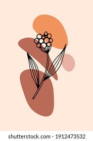 Botanical black line art illustration with colorful abstract spots on a beige background. Trendy print for any purposes. 