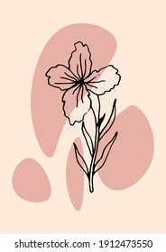 Botanical black line art illustration with colorful abstract spots on a beige background. Trendy print for any purposes. 
