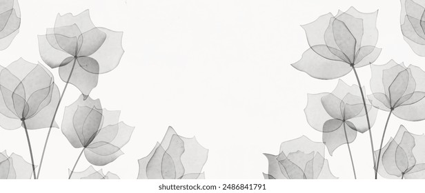Botanical black and white art background with transparent flowers in watercolor style. Vector floral banner for wallpaper, postcard, cover, invitation, packaging, interior design, print, poster.