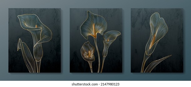 Botanical black and white background with calla flowers in gold art line. Vector set of floral art prints for decor, interior design, poster - Shutterstock ID 2147980123