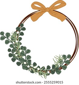 Botanical blank wreath with Eucalyptus branches, greenery and gold bow. Vector holiday circle decoration from green leaves, white berries. Perfect for greeting cards, banner, invitations. Isolated