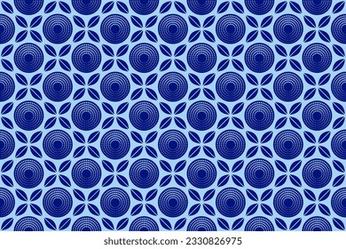 Bliss botánico, hoja cerámica, patrón de dot de flores y círculo sobre azul - Diseño elegante y fresco sin foco, Floral contemporánea, moderno y de moda
