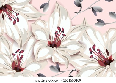 Botanical bloom template design, pink lily flowers and leaves on pink background, vintage style. Vector illustration