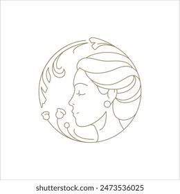 Flor de la cara de la mujer de la flor botánica en la Ilustración vectorial lineal del logotipo del marco del círculo dorado. Hermoso elegante retrato femenino floreciente planta natural orgánica contorno emblema monocromo para spa