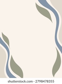 A botanical blue border abstract leaf frame minimalist background modern wavy border pastel floral design vertical template for text, calm elegant