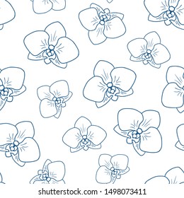 Botanical blue color vector hand drawn  seamless pattern for design, wallpaper,  scrapbook. Abstract beauty orchid flower texture, card, cover, frame, border