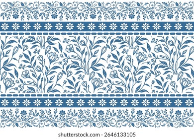 botanical blue floral border with seamless one line petal drawings and ornamental stems for elegant pillow covers

