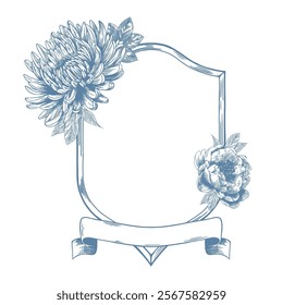 Botanical blue wedding crests on white background. Hand drawn floral, flower monogram in toile de jouy style. Line art for wedding, monogram, invitation, greeting, logo, birthday cards.