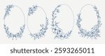 Botanical blue wedding frame or wreath on white background. Hand drawn floral, flower, leaf branch in toile de jouy style. Line art for wedding, monogram, invitation, greeting, logo, birthday cards.