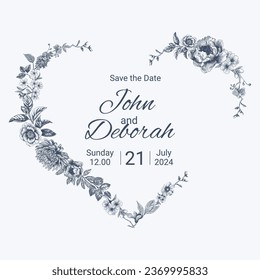 Botanical blue wedding frame or wreath on white background. Hand drawn floral, flower, leaf branch in toile de jouy style. Line art for wedding, monogram, invitation, greeting, logo, birthday cards.