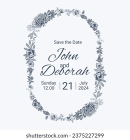 Botanical blue wedding frame or wreath on white background. Hand drawn floral, flower, leaf branch in toile de jouy style. Line art for wedding, monogram, invitation, greeting, logo, birthday cards.