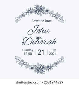 Botanical blue wedding frame or wreath on white background. Hand drawn floral, flower, leaf branch in toile de jouy style. Line art for wedding, monogram, invitation, greeting, logo, birthday cards.